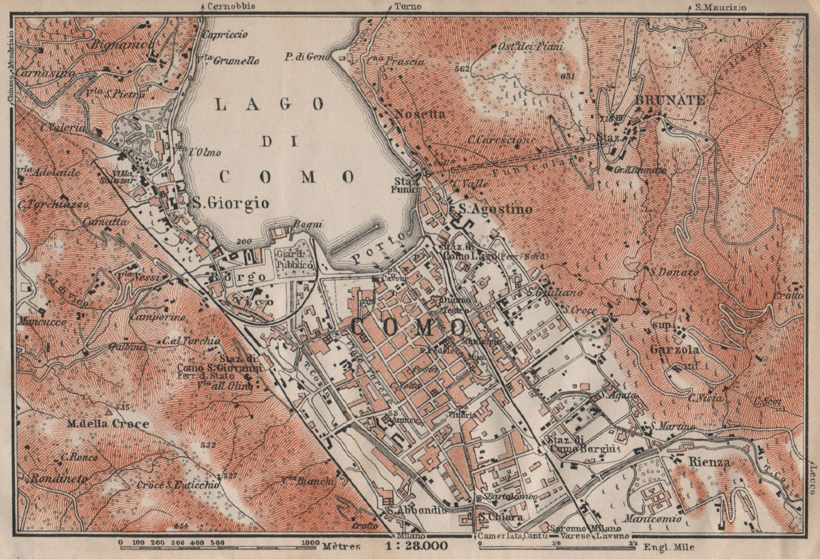 COMO ENVIRONS. Brunate San Giorgio. Italy mappa. BAEDEKER 1913 old antique